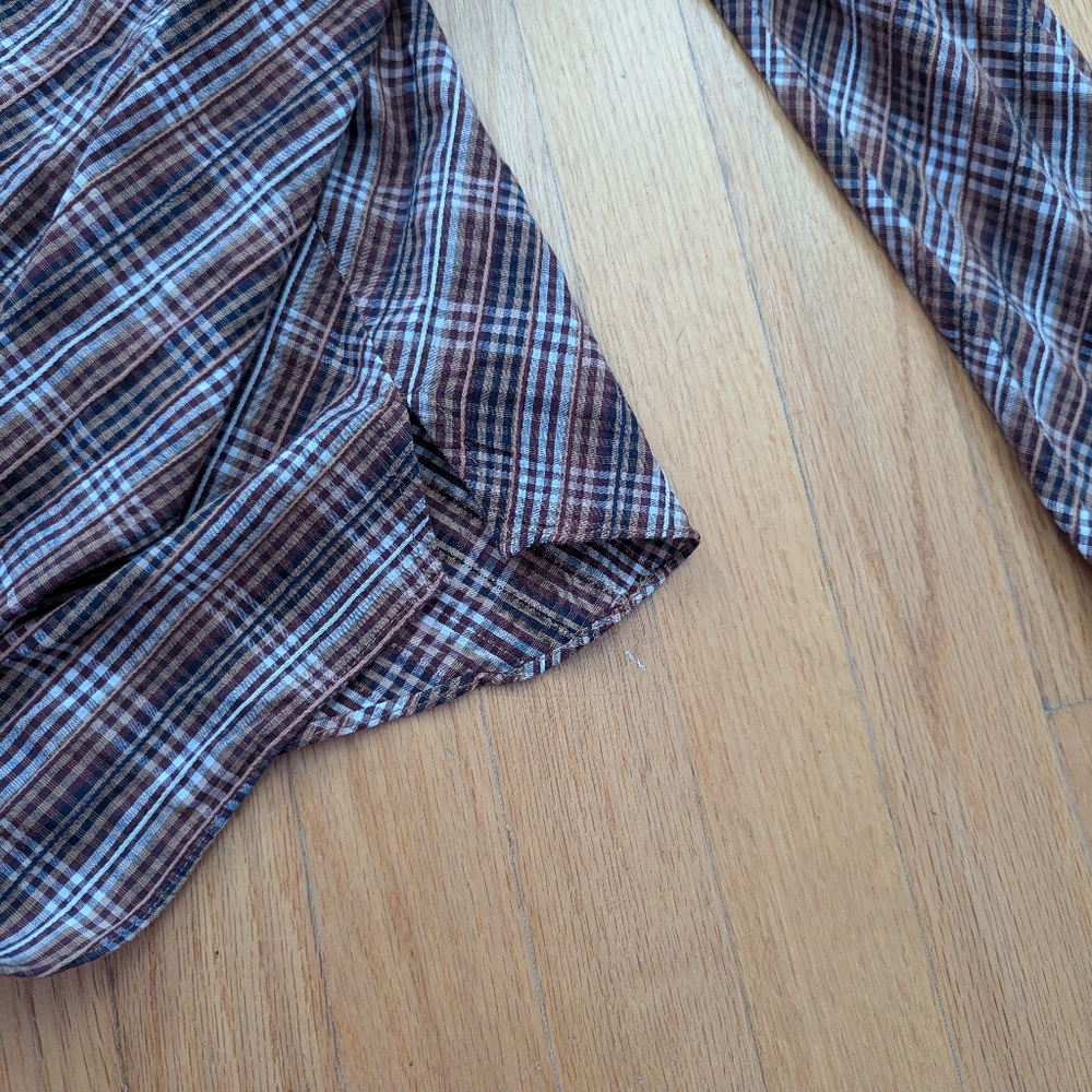 Veronica Beard Isabel Plaid Brown Puff Sleeve Button Back Blouse Size 8 - Picture 7 of 11
